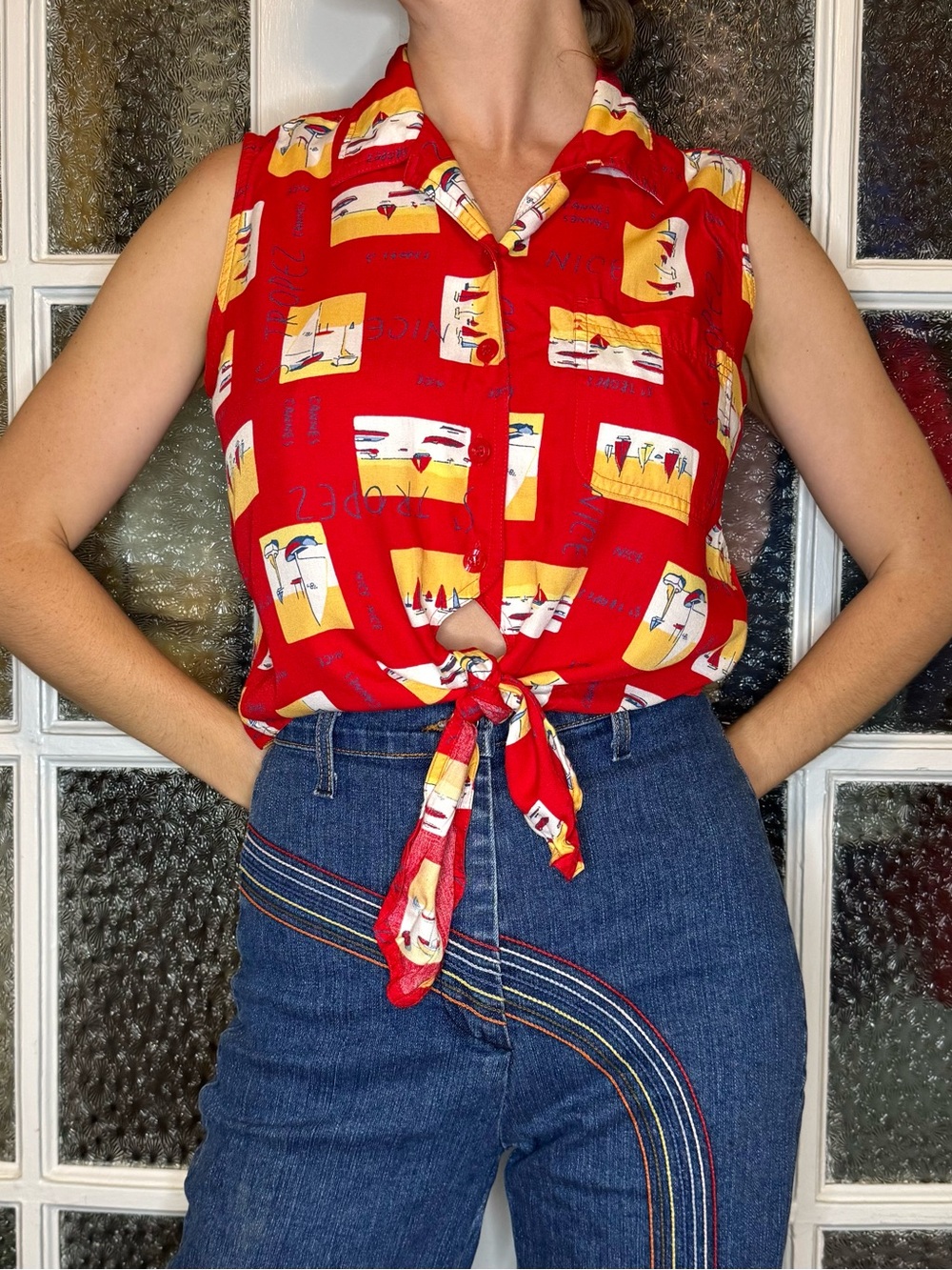 Liz Claiborne Red Printed Tie-Front Sleeveless blouse
